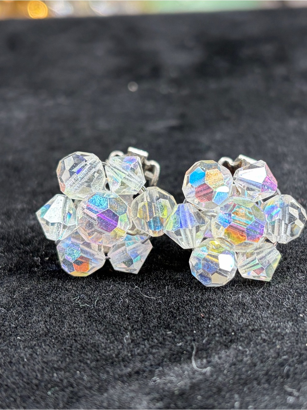 Vintage AB Crystal Cluster Earrings Clip On Silver Tone Jewelry - Picture 3 of 4